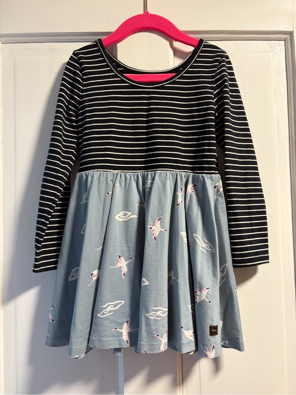 Tea Collection girls 4 Long-Sleeve Striped Top & Blue Crane Skirt Dress